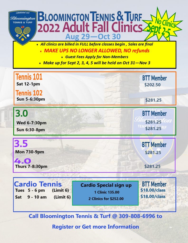 2022 Fall Adult Clinic Pricing