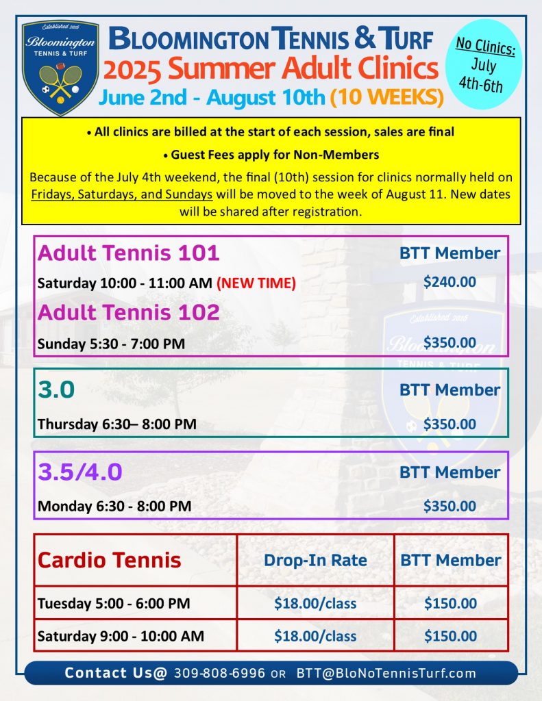 2025 Summer Adult Clinic Pricing