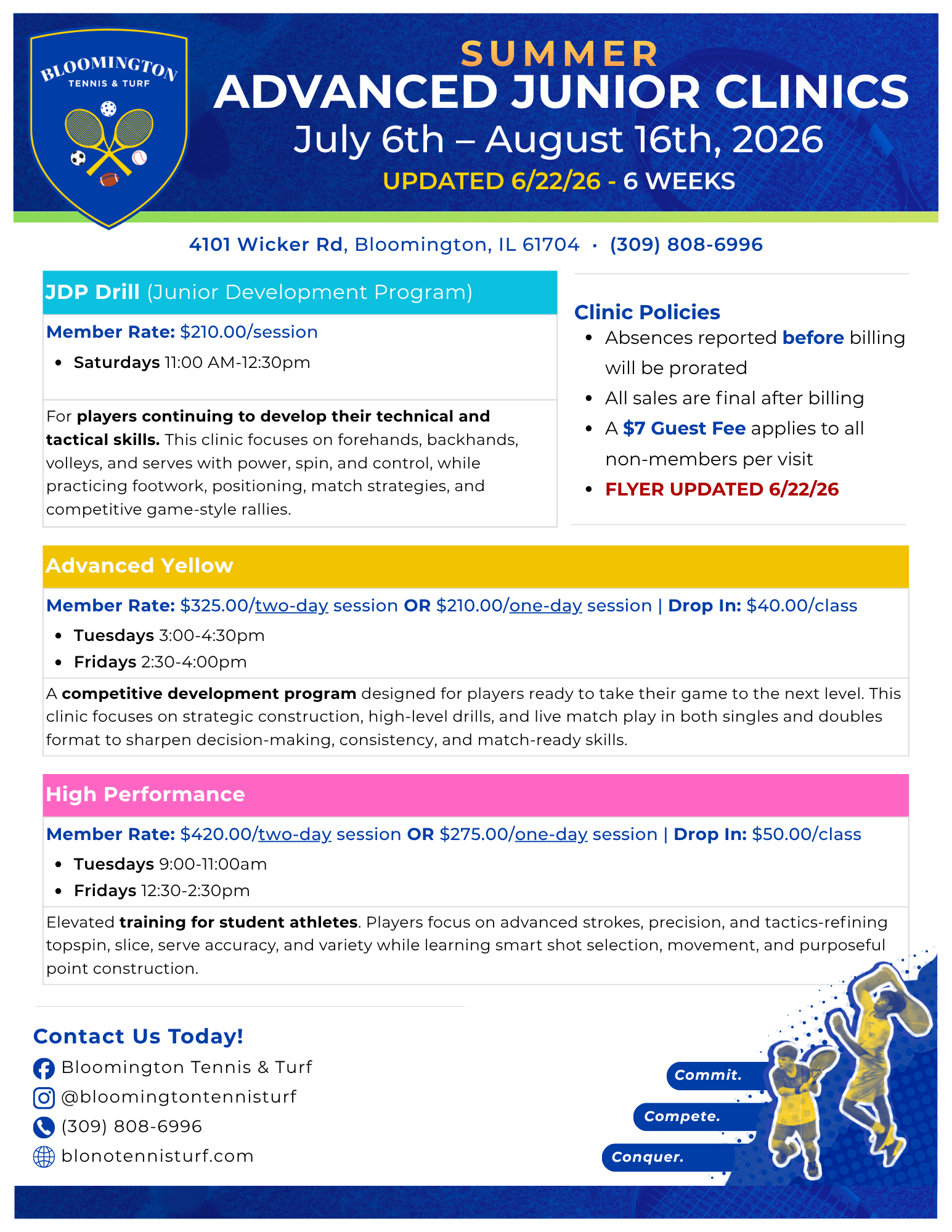 2026 SUMMER Advanced Junior Clinic Pricing